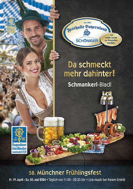 Speisen- und Getränkekarte für das 58. Münchner Frühlingsfest 2024 im Festzelt der Festhalle Bayernland - Theresienwiese