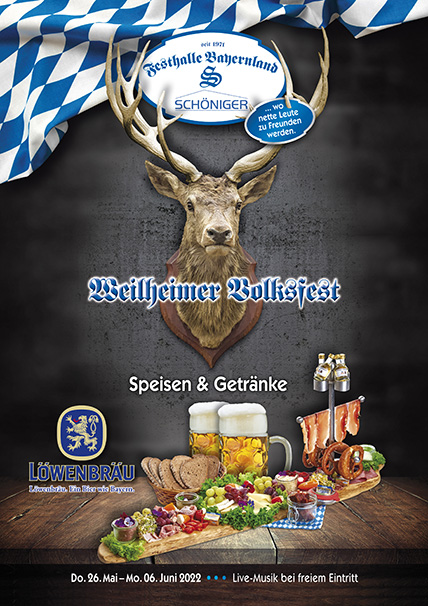 Speisen- und Getränkekarte für das Weilheimer Volksfest 2022 im Festzelt der Festhalle Bayernland
