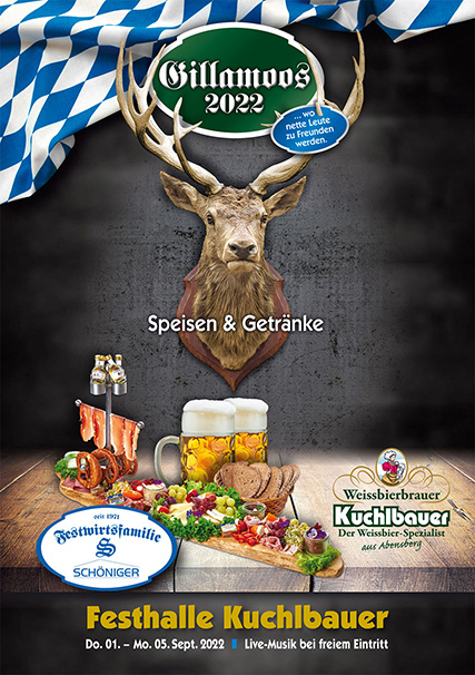 Gillamoos 2022 - Speisen und Getränkekarte im Festzelt Kuchlbauer - Festwirtsfamilie Schöniger in Abensberg