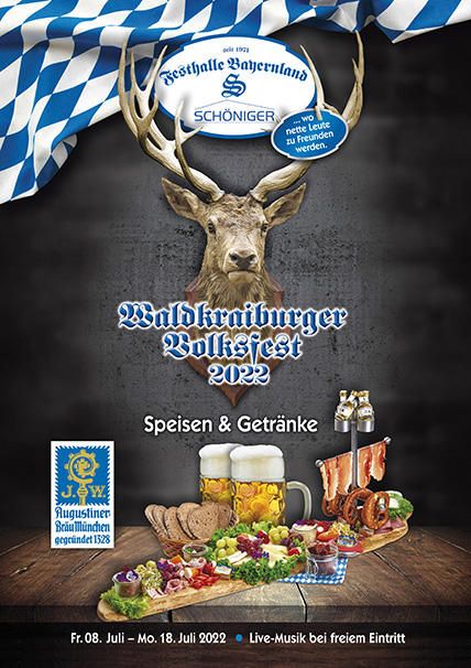 Speisen- und Getränkekarte für das Volksfest Waldkraiburg in der Festhalle Bayernland 2022