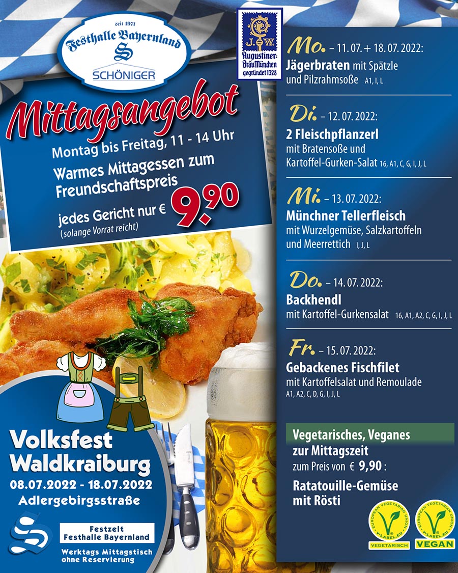 Volksfest Waldkraiburg 2022 Mittagsangebote im Festzelt der Festhalle Bayernland - Augustiner Bräu
