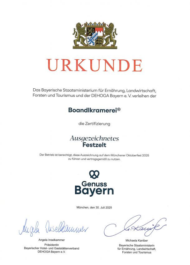 Urkunde 2025 - Ausgezeichnetes Festzelt - Boandlkramerei -München Oktoberfest - Festhalle Bayernland