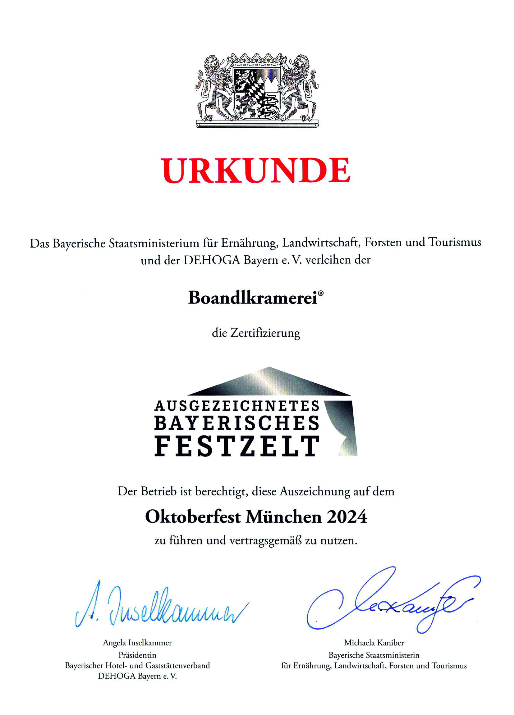 Auszeichnung für das Festzelt Boandlkramerei am Oktoberfest München