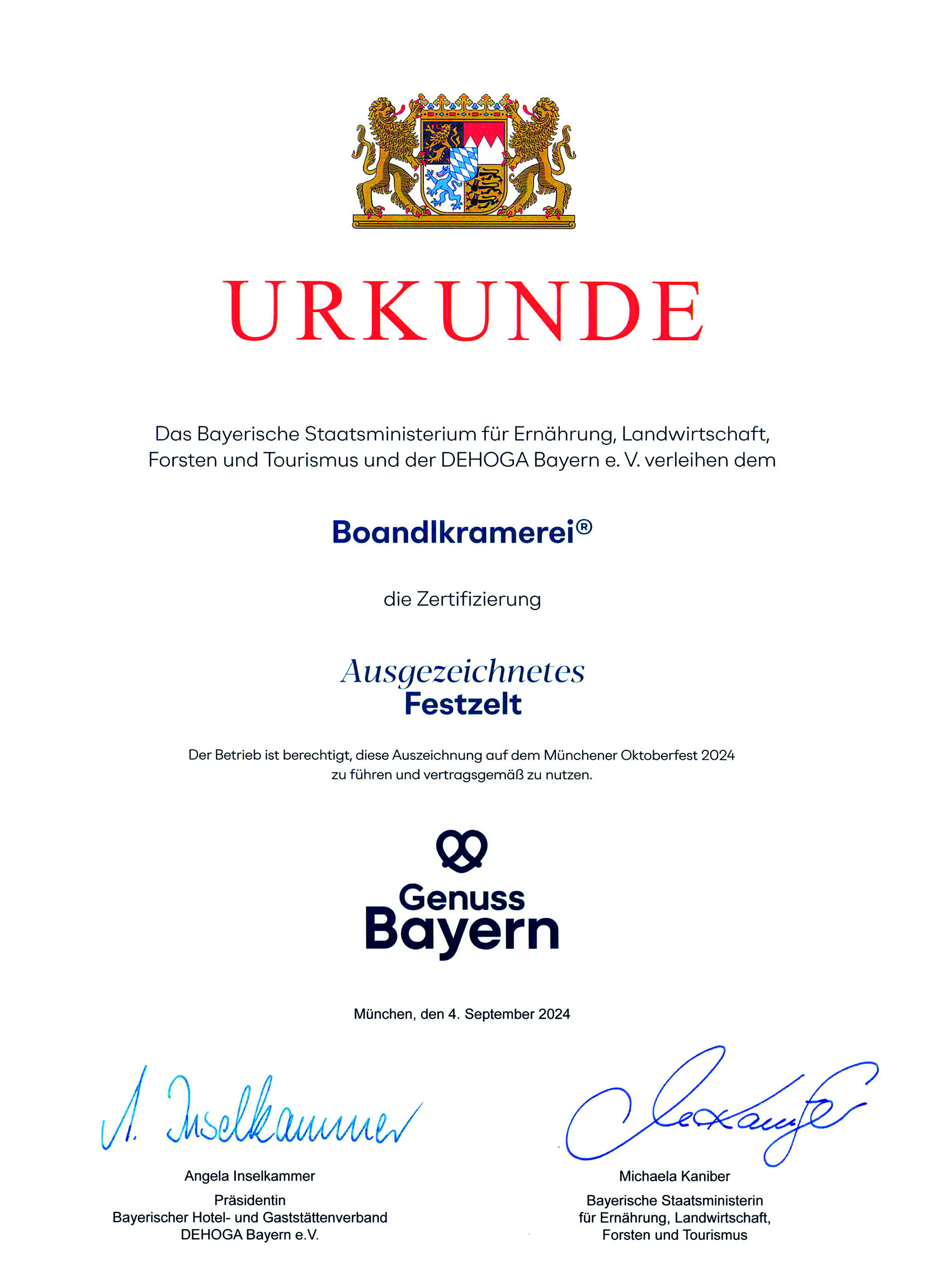 Ausgezeichnetes Festzelt Boandlkramerei am Oktoberfest München