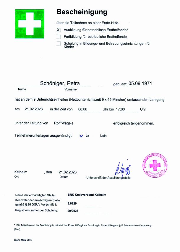 Erste Hilfe Bescheinigung Petra Schöniger