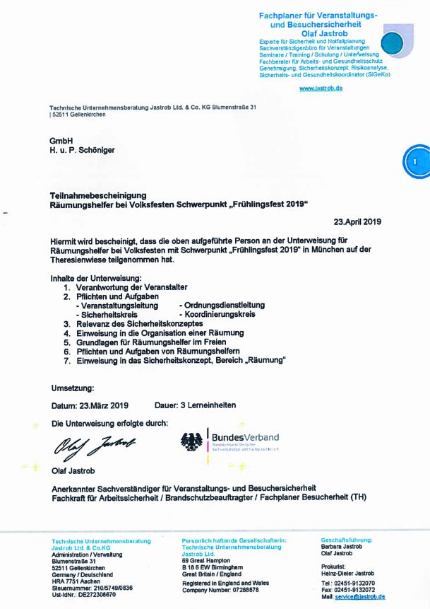 Bescheinigung Räumungshelfer Volksfesten Sicherheit Peter S.