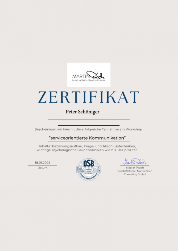 Zertifikat Peter Schöniger DSB Kommunikation