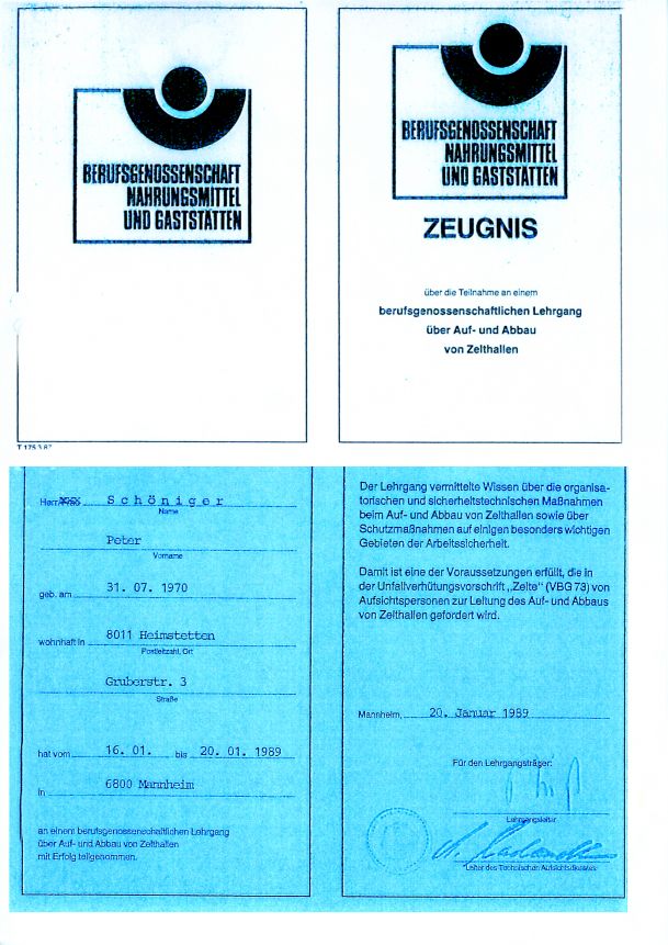 Zeugnis Berufsgenossenschaft Zeltaufbau