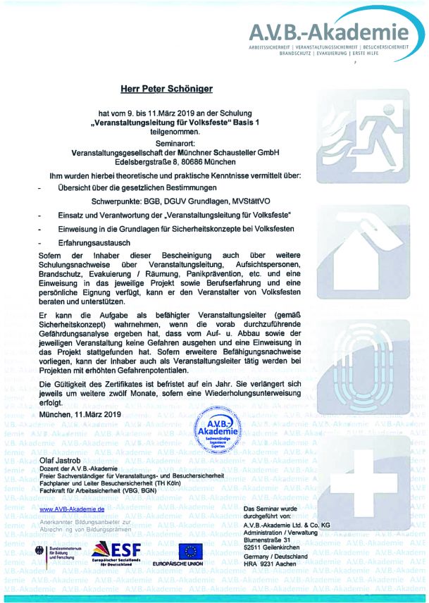 Zertifikat Veranstaltungsleitung P. Schöniger