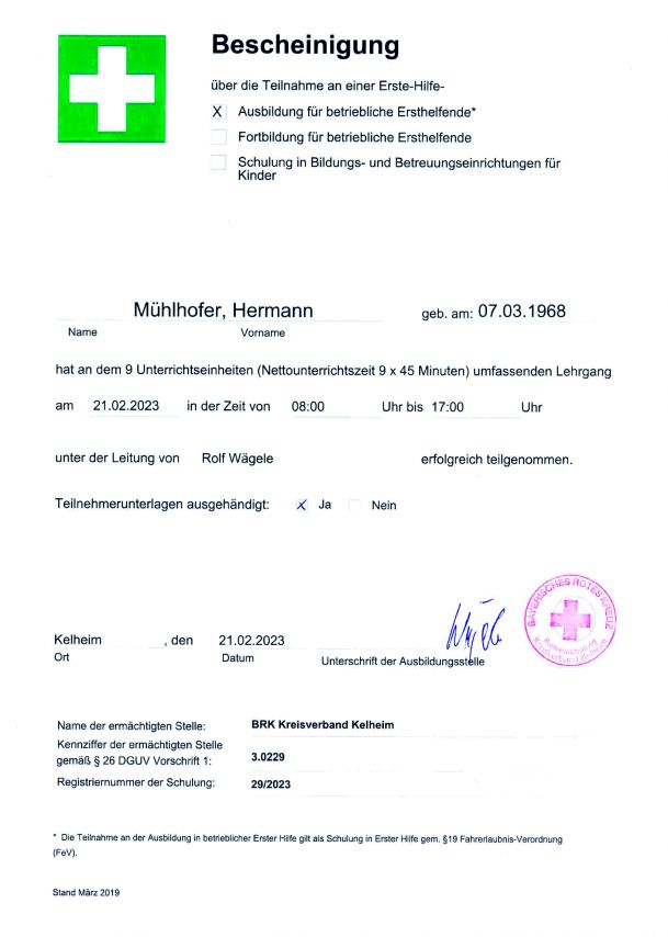 Erste Hilfe Bescheinigung Hermann Mühlhofer