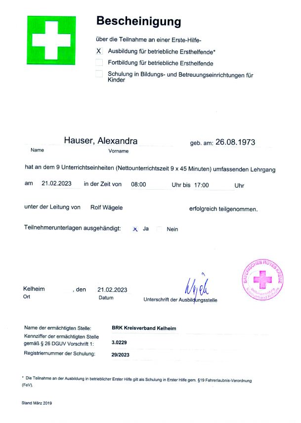 ErsteHilfe Bescheinigung Alexandra Hauser